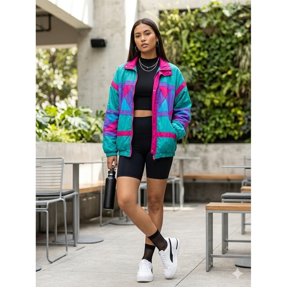 Slade Vintage Retro 80s Colorblock Geometric Windbreaker Jacket Teal Pink Purple